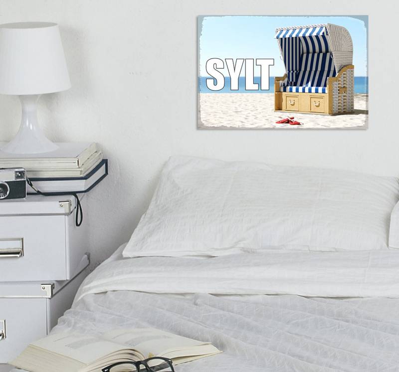 queence Metallbild »Sylter Strandkorb«, Schriftzüge-Schriftzug-Meer-Strand, (1 St.), Stahlschild, Blechschild, Sprüche, Texte, Fernweh, Sylt von queence