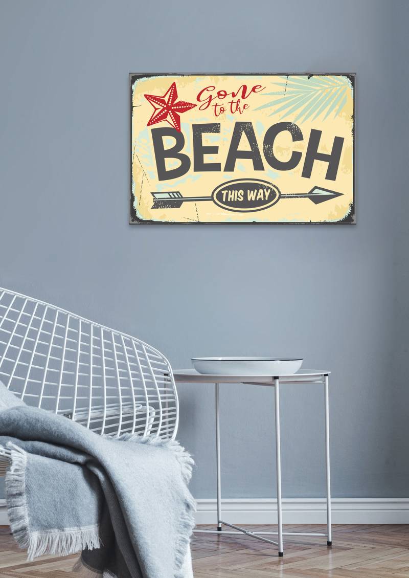 queence Metallbild »To The Beach«, Schriftzüge-Schriftzug-Sprüche-Sprüche & Texte-Strand, (1 St.), Stahlschild, Blechschild, Sprüche, Texte, Fernweh, Strand von queence