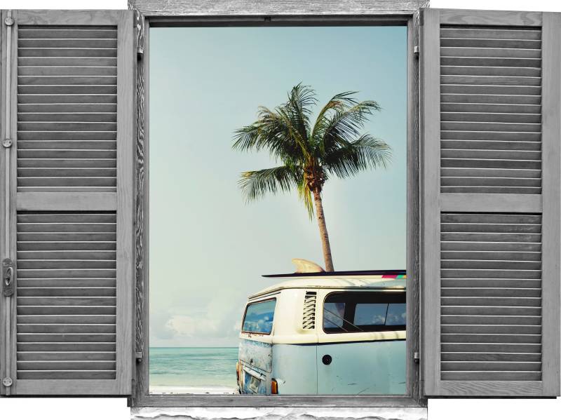 queence Wandtattoo »Auto am Meer«, (1 St.), Wandsticker, Wandbild, selbstklebend, 3D, Fenster von queence