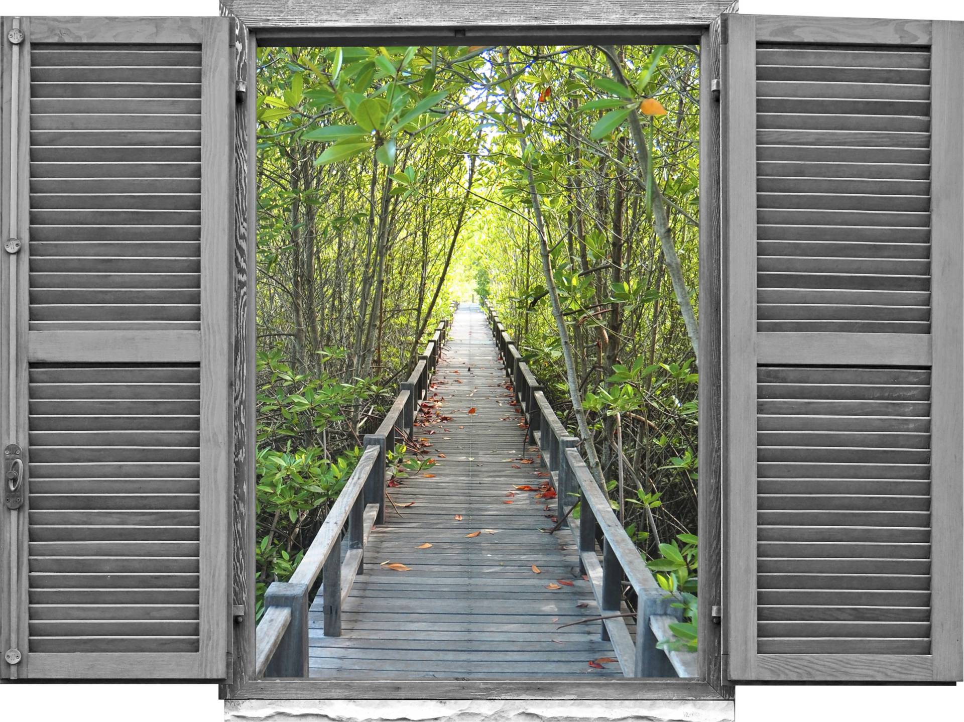 queence Wandtattoo »Brücke im Wald«, (1 St.), Wandsticker, Wandbild, selbstklebend, 3D, Fenster von queence