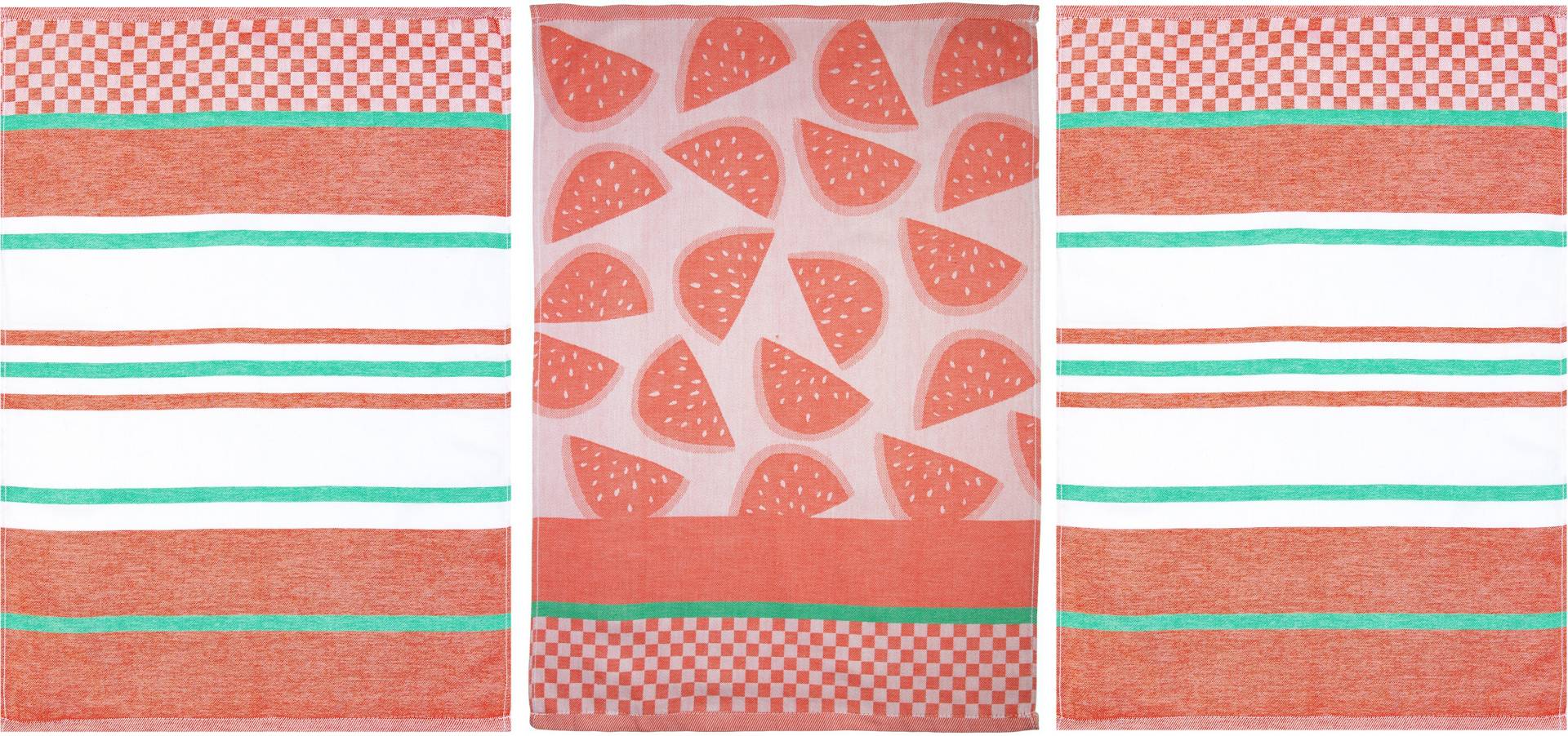 stuco Geschirrtuch »Summer Fruits Melone«, (Set, 3 tlg., 1x Geschirrtuch Früchte-Motiv,2 weitere Geschirrtücher Streifenoptik), Jacquardgewebe von stuco
