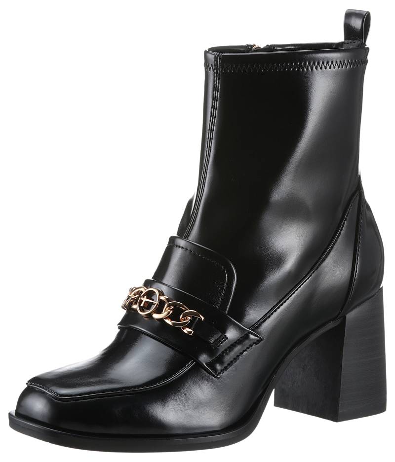 Tamaris Stiefelette, Blockabsatz, Partyschuh mit eleganter Zierkette und Logoemblem von tamaris