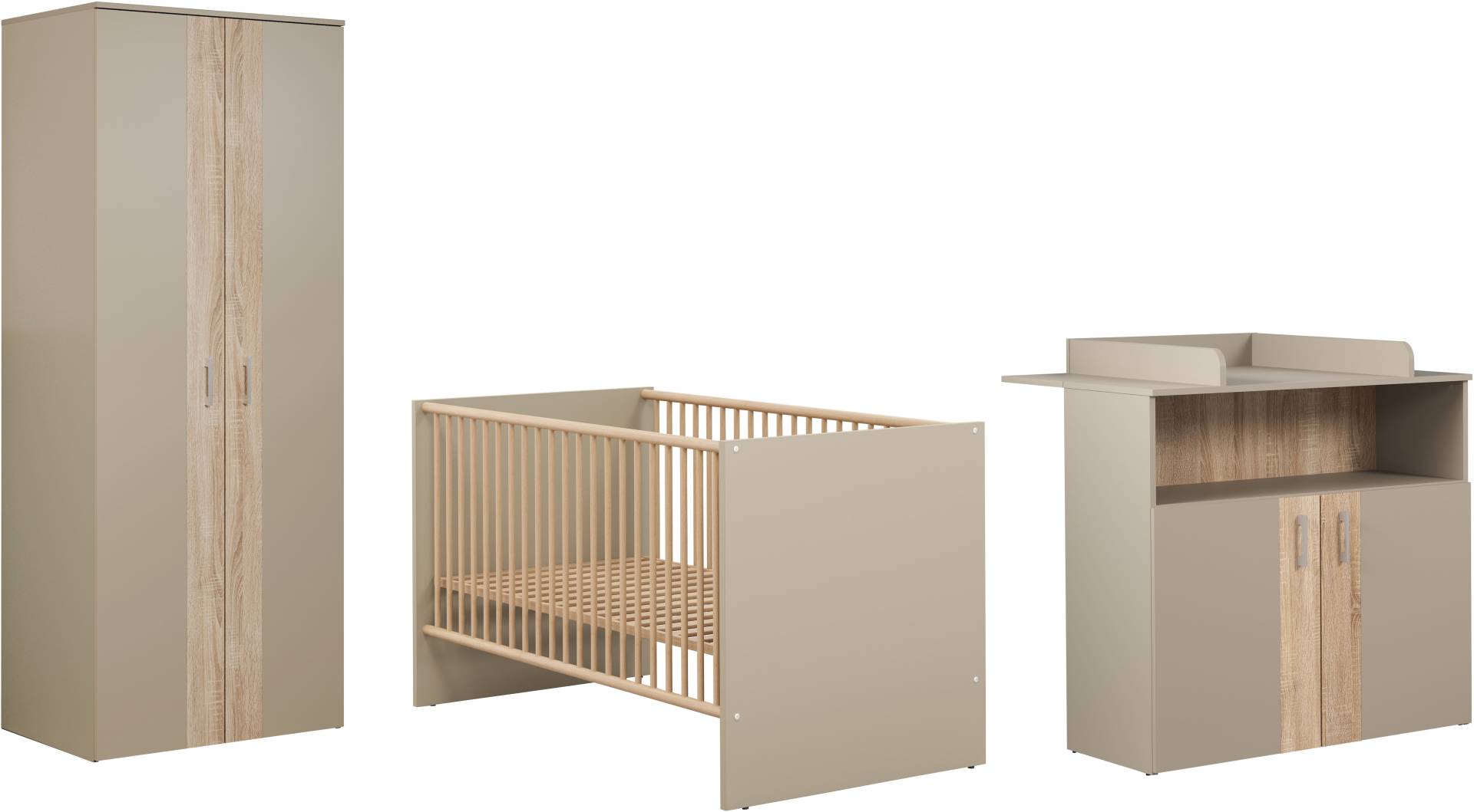 trendteam Babymöbel-Set »Beja«, (Set, 3 tlg.), Gitterbett, Wickelkommode und Kleiderschrank - silberfarbene Griffe von trendteam