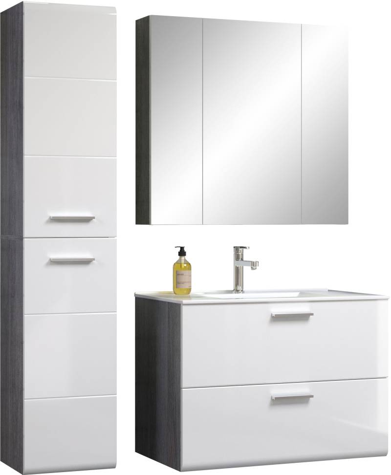 welltime Badmöbel-Set »Ravenna«, (3 St.), Hochschrank, Waschtisch, Spiegelschrank mit Wäschekorb und Waschbecken von welltime