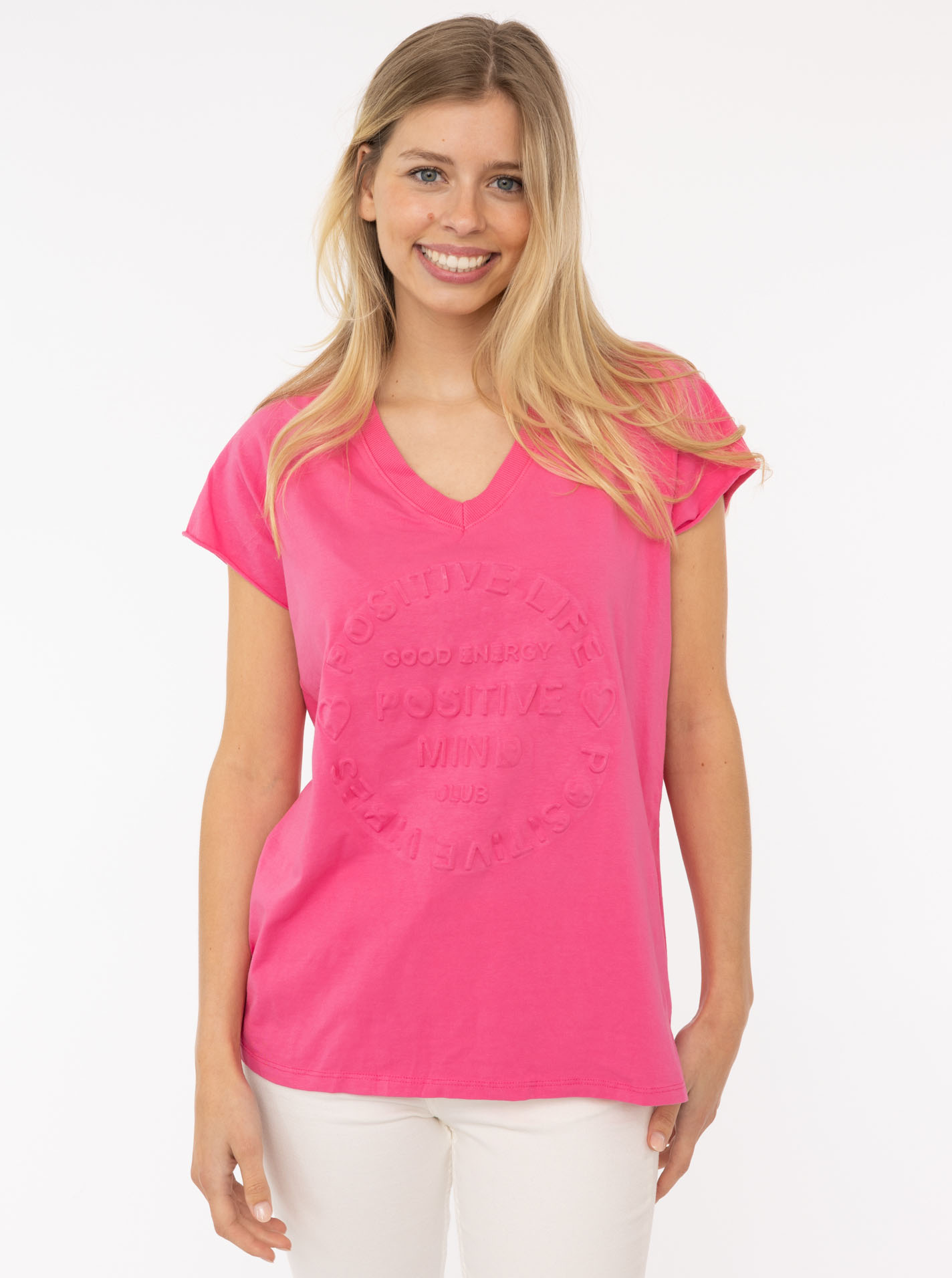 Zwillingsherz Kurzarmshirt »Oversizedshirt Stempeldruck "Positive Mind"«, mit V-Neck Ausschnitt und Stempeldruck, leicht oversized geschnitten von zwillingsherz