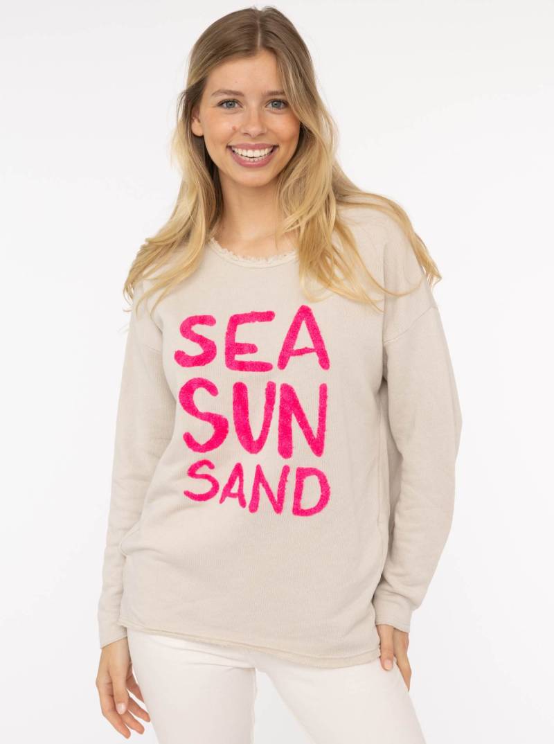 Zwillingsherz Sweater »"Sea Sand Sun"«, Mit grosser Flock-Aufschrift in auffälliger Farbe von zwillingsherz