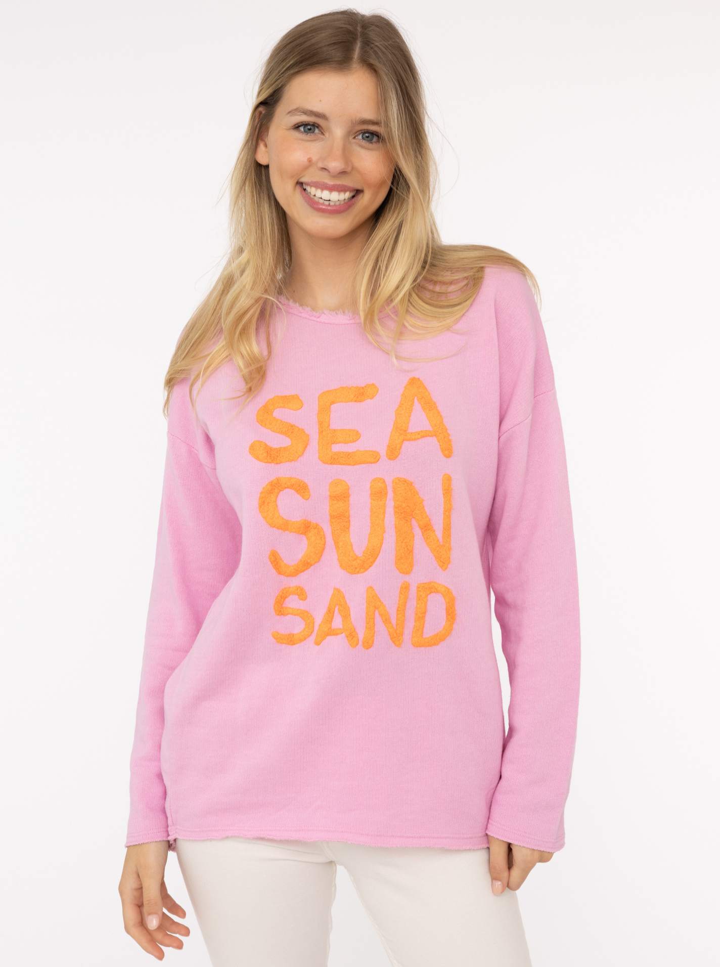 Zwillingsherz Sweater »"Sea Sand Sun"«, Mit grosser Flock-Aufschrift in auffälliger Farbe von zwillingsherz