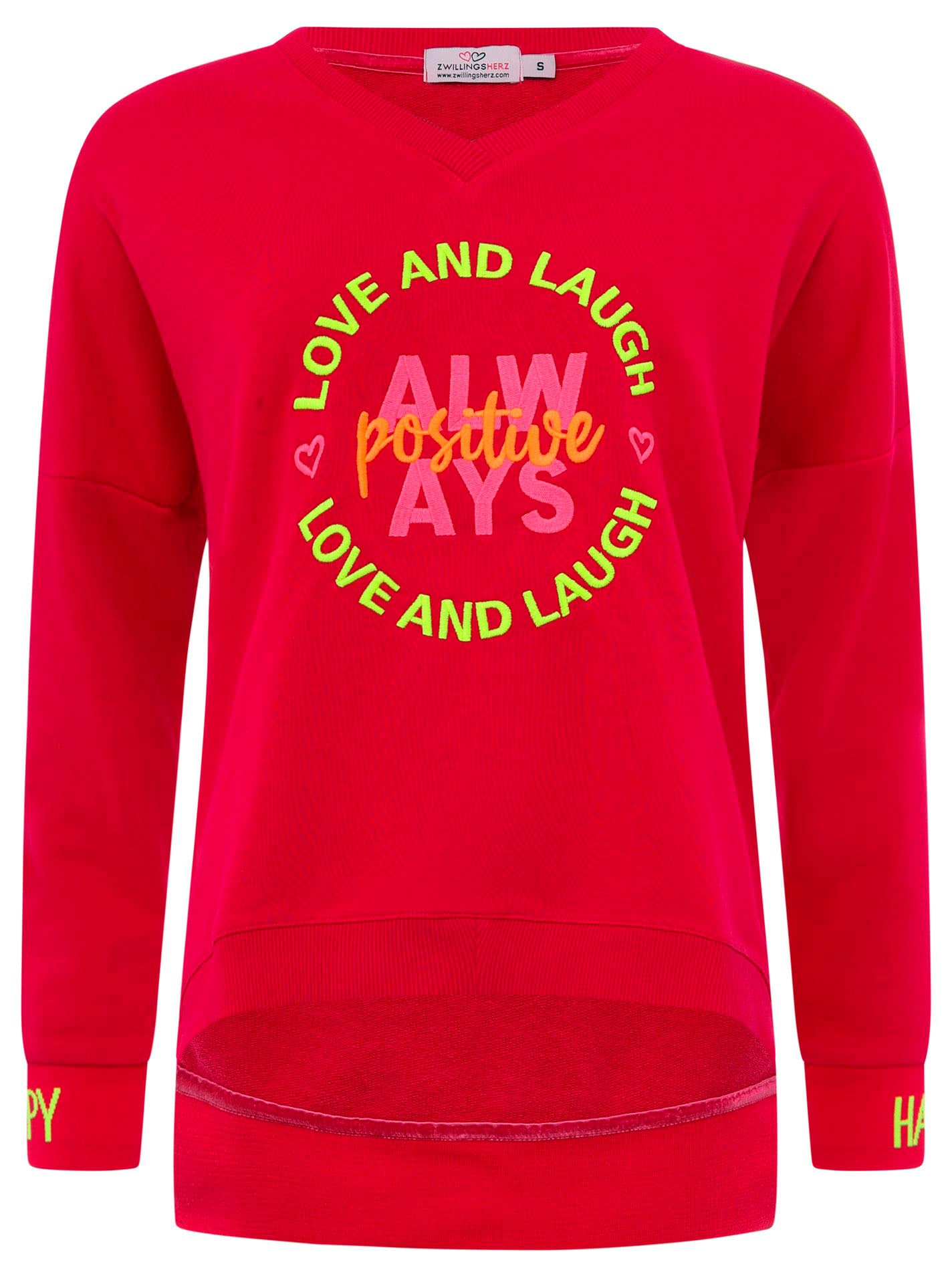 Zwillingsherz Sweatshirt, mit neonfarbener "Always Positive"-Stickerei im Vokuhila Schnitt Zwillingsherz Sweatshirt, mit neonfarbener "Always Positive"-Stickerei im Vokuhila Schnitt von zwillingsherz