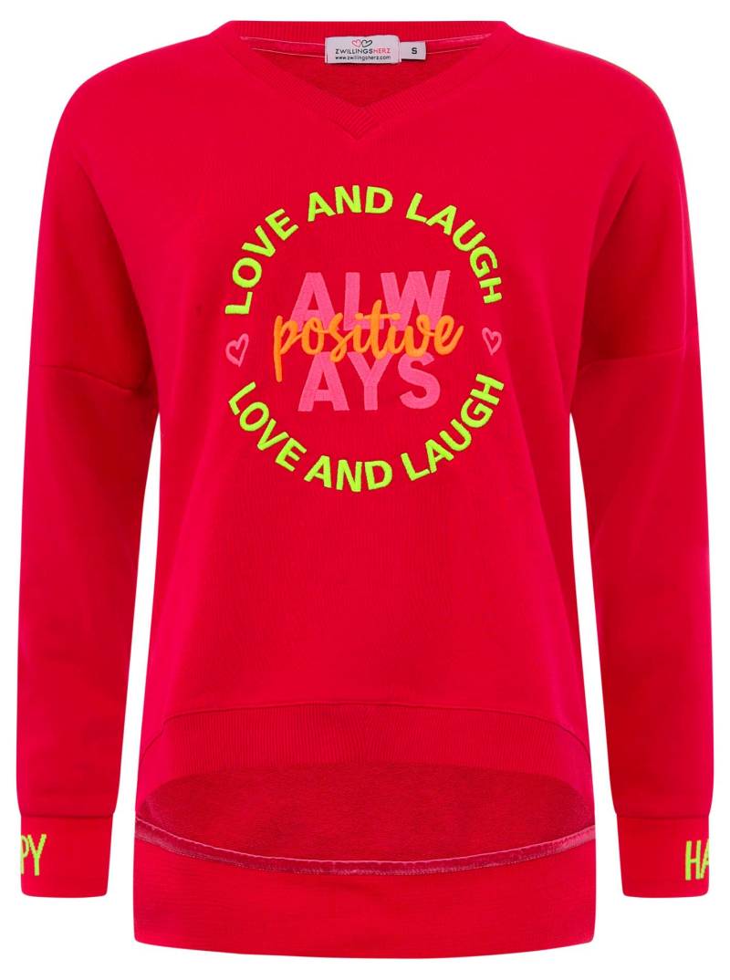 Zwillingsherz Sweatshirt, mit neonfarbener "Always Positive"-Stickerei im Vokuhila Schnitt von zwillingsherz