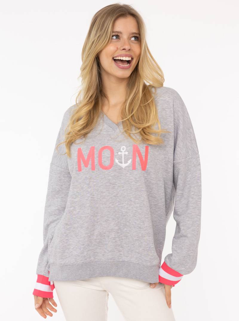 Zwillingsherz Sweatshirt, mit V-Ausschnitt und aufgesticktem "Moin" in Neonfarben von zwillingsherz